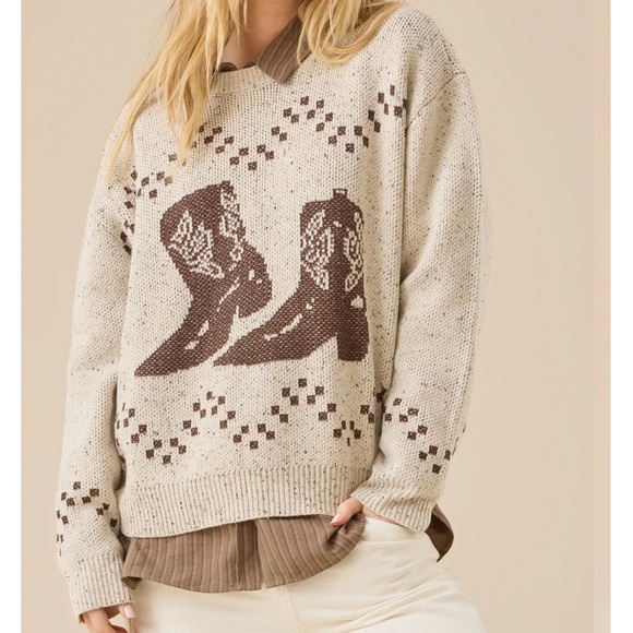 Altar'd State Sweaters - Altar’d State Cozy Cream and Brown Sweater with Boot Design